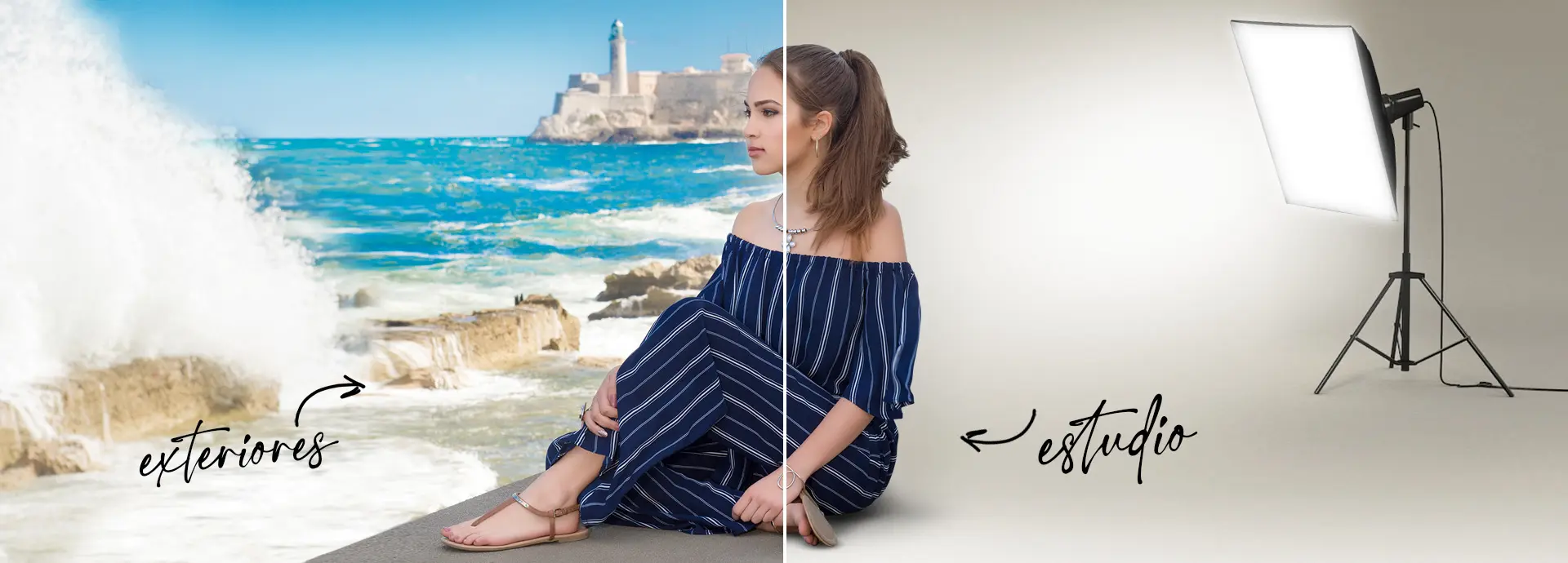 Modelo sentada en locación exterior y en estudio fotográfico